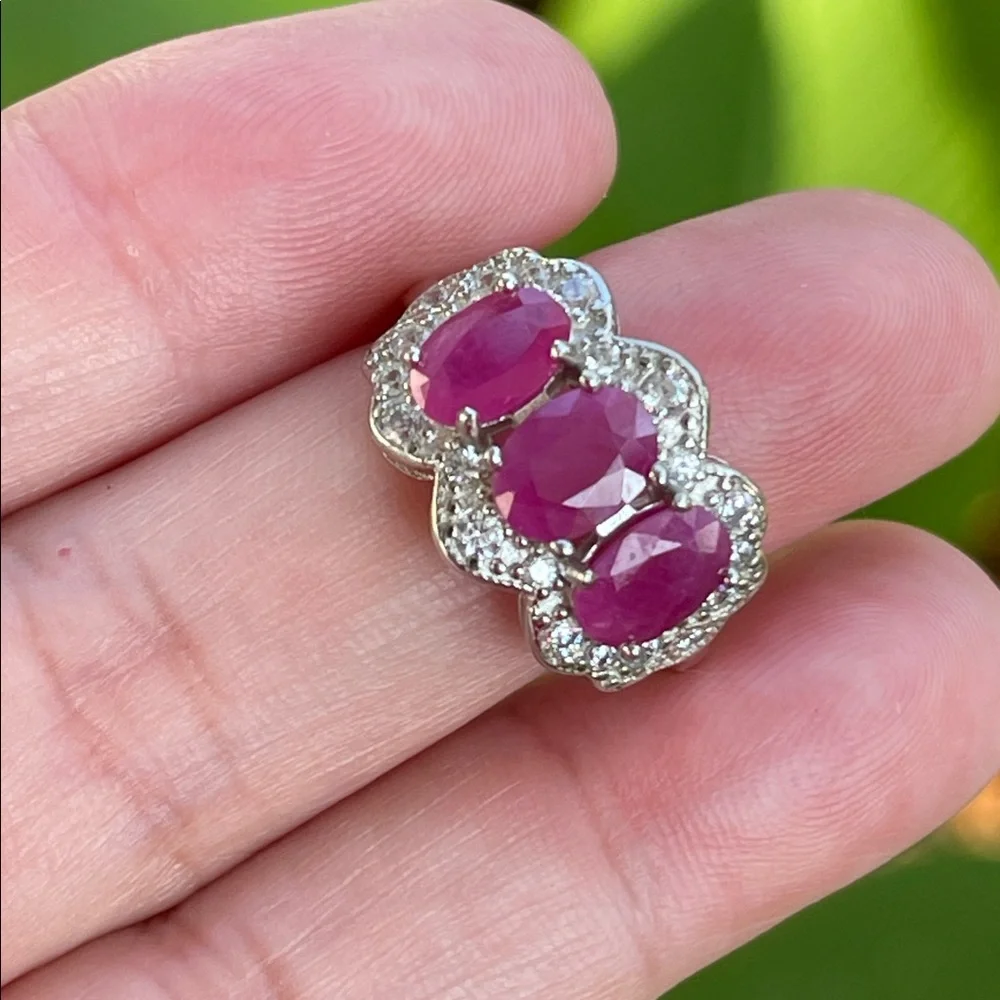NWT Natural Ruby 3 stone (7X5mm each) Ring w/ CZ accents in 925 Silver Size 6.5